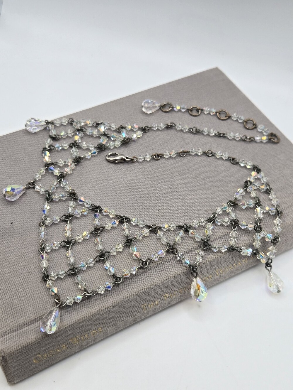 Silver Tone AB Crystal Chainmail Necklace Victorian revival Briolette Teardrops